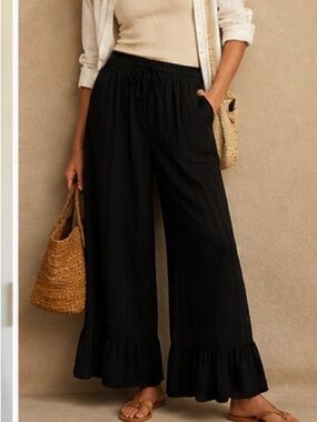 Anthropologie Black Wide Leg Ruffle Hem Lounge Pants NWT Small $68